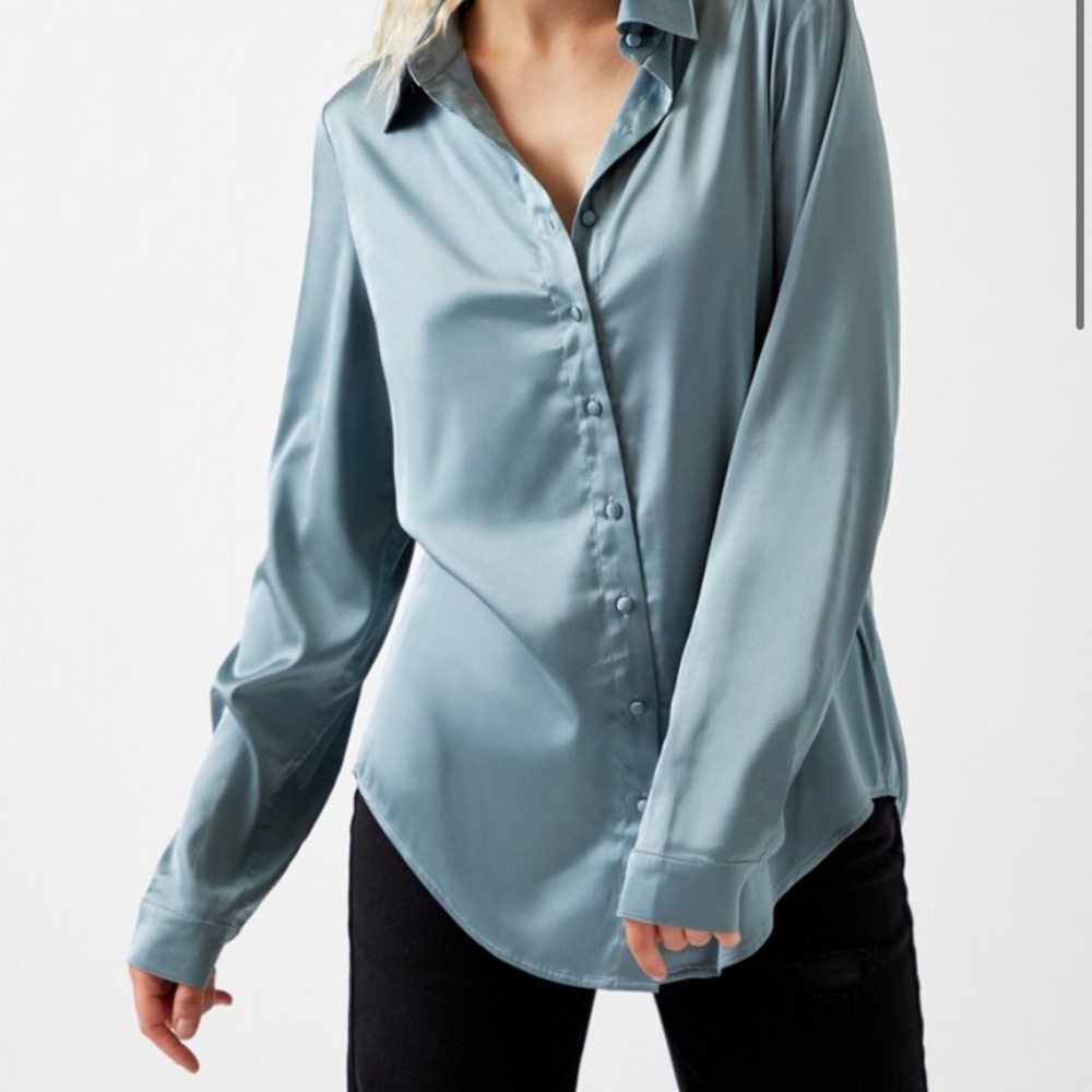 Kendall & Kylie Satin Blue Button Up Blouse